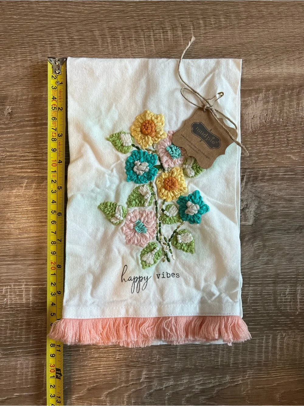 Mud Pie Happy Vibes White Floral Embroidered Hand Towel New